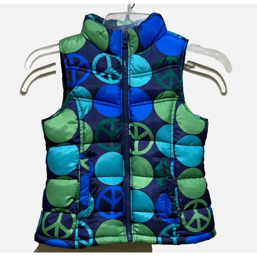 Old Navy Girls Puffer Vest XS Blue Green Peace Sign Bubble Y2K Retro Zip Coat